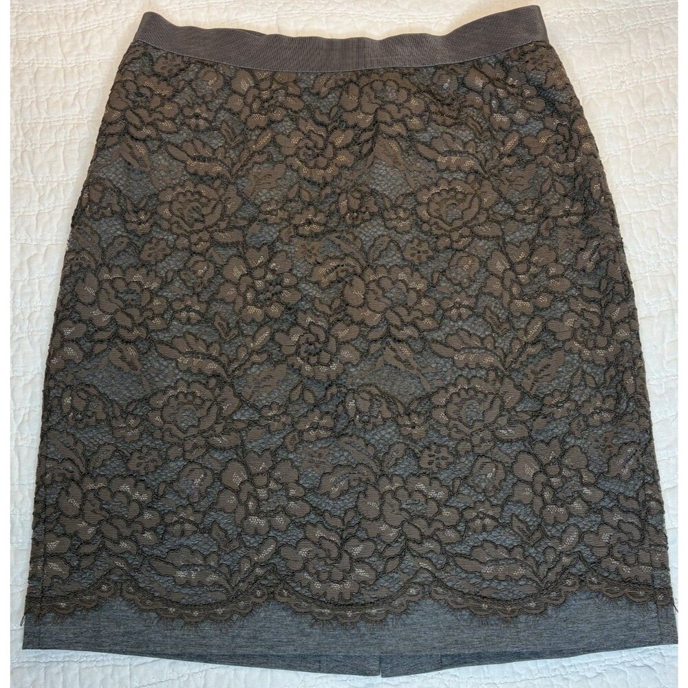 Loft brown lace overlay pencil skirt sz 8 elastic waist knee length feminine